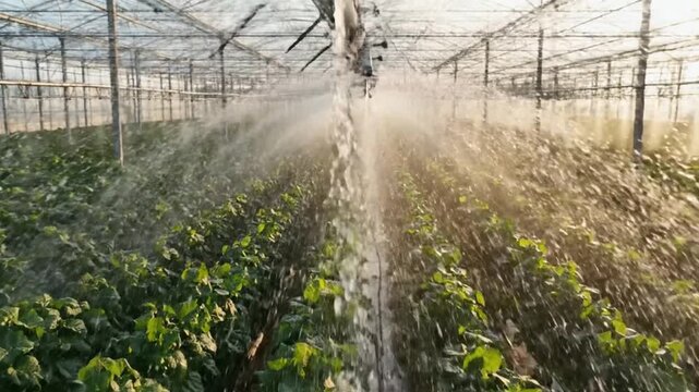 A modern irrigation system waters lush green plants in a large, bright greenhouse with a misty atmosphere and sunlight filtering through.
