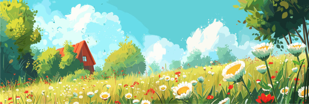 Panoramic cartoon vector illustration of a sunny Nordic summer landscape. A lush green meadow filled with blooming white daisies and wildflowers leads to a rustic red wooden cabin under a bright blue