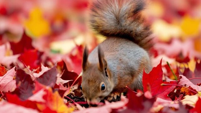 Squirrel Burying Nut in Red Maple Leaves Autumn