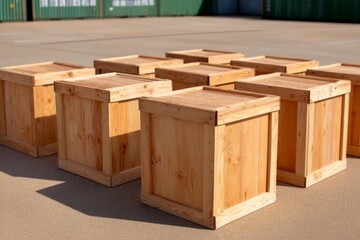 Wooden Crates Arranged Neatly on Dry Ground for Storage Purposes