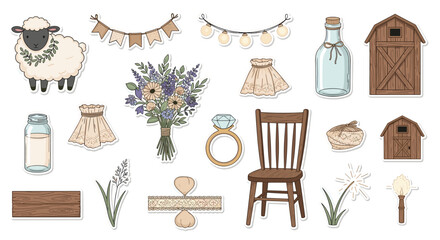 A charming collection of hand-drawn stickers for a rustic or barn wedding, featuring a sheep, string lights, a floral bouquet, and farmhouse decor.