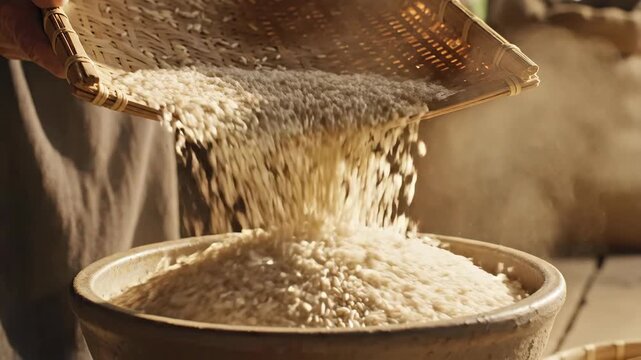 Elderly hands sift white rice grains from a woven basket into a ceramic pot during a sunny day harvest preparation