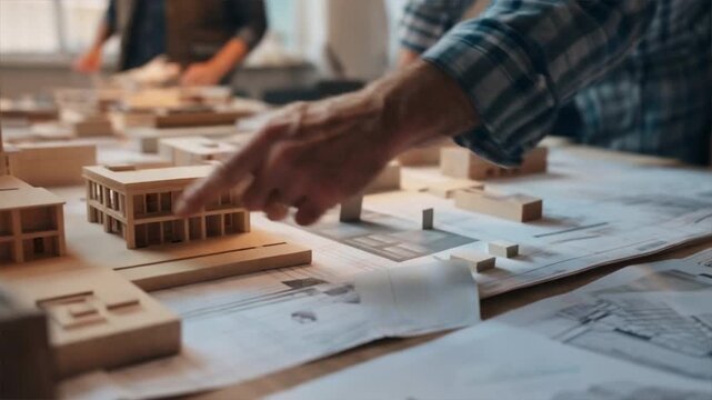Hands working on architectural models and blueprints in a collaborative design environment.