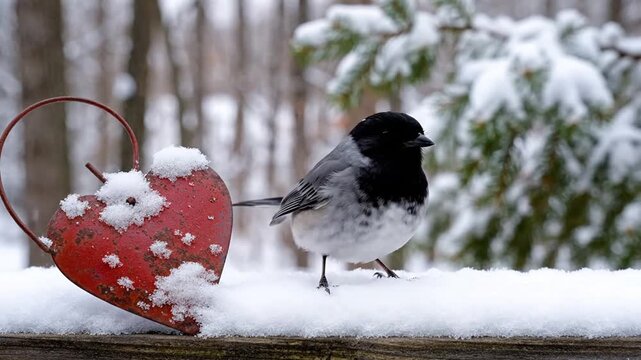 Curious Bird Explores Snowy Red Heart Decoration in Serene Winter Landscape.