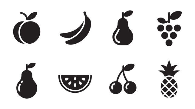Group of fresh fruit icons vector isolated on white background peach banana pear grapes pineapple watermelon cherries