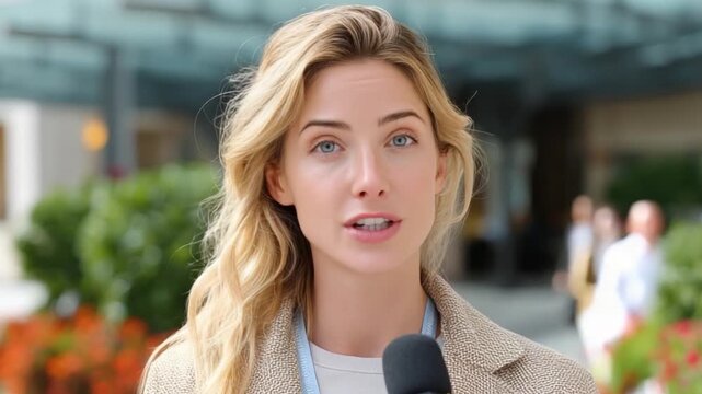 Confident Communication: A poised woman with flowing blonde hair delivers a message with clarity and confidence, capturing an atmosphere of trust and clarity.