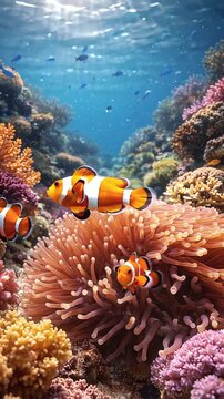 underwater animation with some corals and nemo fish landscape portrait