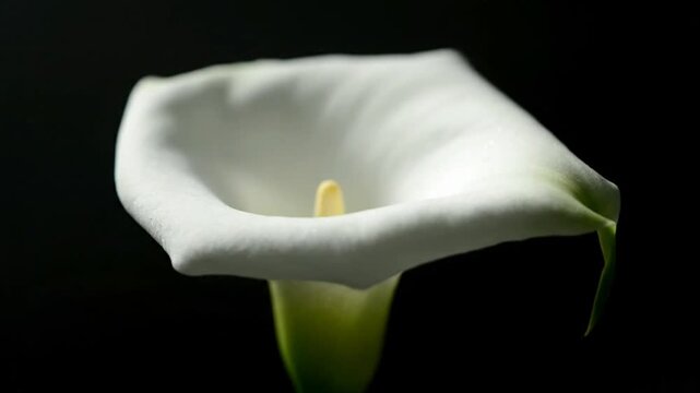 A close-up view of a white calla lily flower in full bloom against a dark background