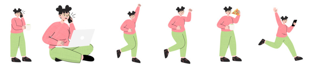 Fototapeta premium Comprehensive Set of Young Asian Woman Character Poses Illustrating Wellness, Career, and Daily Activities Flat Style