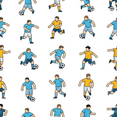 A seamless pattern of cartoon soccer players in various action poses, kicking and dribbling a ball, rendered in a flat, illustrative style.