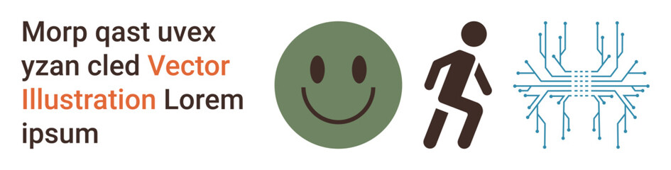 Fototapeta premium Digital transformation, positivity, human interaction, technology integration, walking, AI systems. Green happy face, walking figure digital circuit elements. Digital transformation and positivity