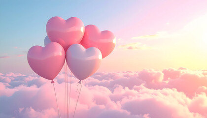 Fototapeta premium Pastel Heart Balloons Valentine Background with Copy Space