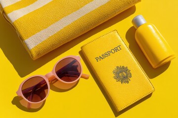 Travel Essentials on Yellow Background
