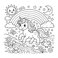 Obraz premium Unicorn Under Rainbow Coloring Page for Kids