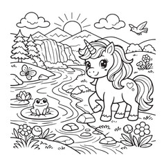 Fototapeta premium Unicorn by River Coloring Page for Kids