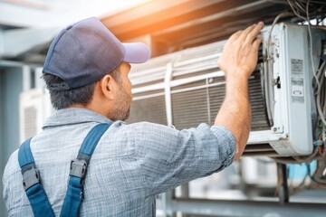 Technician Working Inside Elevator Machine on Rooftop of High Rise Building