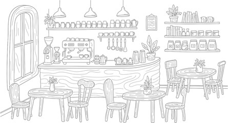 Obraz premium Empty coffee shop interior with counter and tables line art sketch