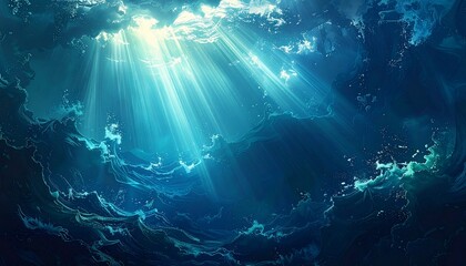 Dramatic ocean depths artwork, sunlight piercing through a turbulent, cloudy sky