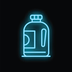 Obraz premium Glowing blue neon sign of a bottle with blank label on black background