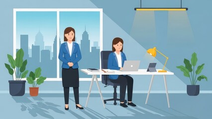 Obraz premium Business Meeting Between Professional Women Office Environment Urban Skyline Backdrop City Office Collaboration Technolo.jpg