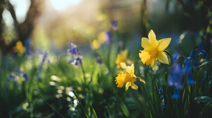 Obraz premium Spring blooms bathed in sunlight a serene landscape of yellow daffodils and delicate bluebells