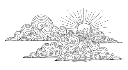 Swirly clouds with sun rising in sky decorative line art illustration