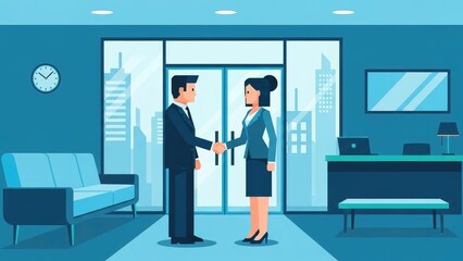 Fototapeta premium Businesspeople Shaking Hands in Modern Office Lobby Welcoming Guests Deal.jpg