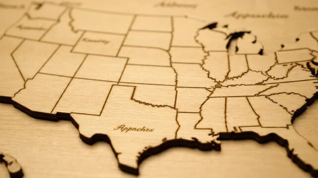 A wooden map of the United States displayed on a wooden surface showing state boundaries from a close-up viewpoint