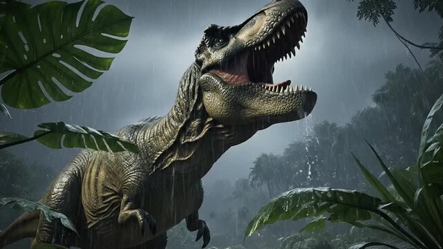 Tyrannosaurus Rex Roaring in Prehistoric Jungle Rainstorm