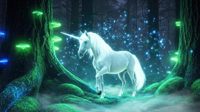 Unicorn Standing in a Dark Bioluminescent Forest
