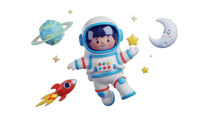 Astronaut cartoon character in space with rocket and planets for kids education and illustration
