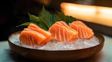 Exquisite salmon sashimi artfully presented on ice a tranquil Japanese dining experience