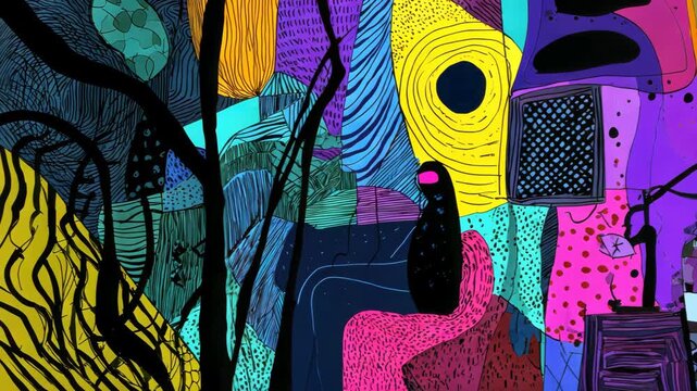 A colorful, abstract composition featuring stylized shapes, lines, and textures in a vibrant color scheme