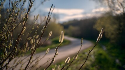 Obraz premium Serene spring landscape with willow blossoms along a quiet forest road bathed in warm morning light