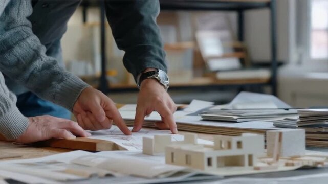 Architects collaborating over building plans and models in a contemporary office setting.