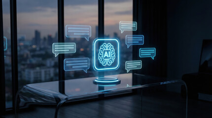 Artificial intelligence concept with glowing AI icon and chat bubbles on glass table in modern office with city view at dusk