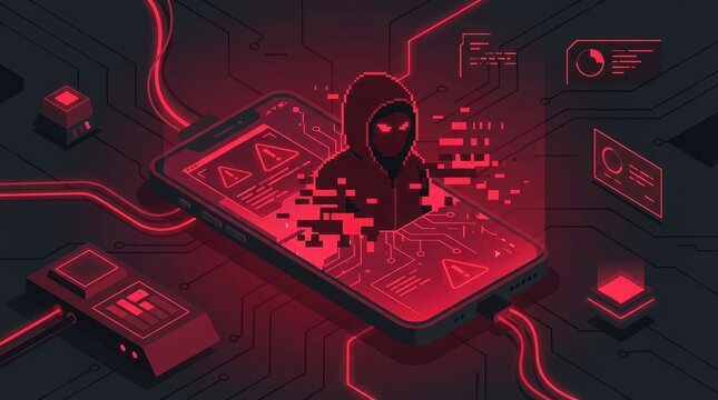Cybersecurity Hacker System alert Digital threat Mobile phone Technology Data breach Network security Cyber attack Information protection Dark background Glowing interface Red light Hologram