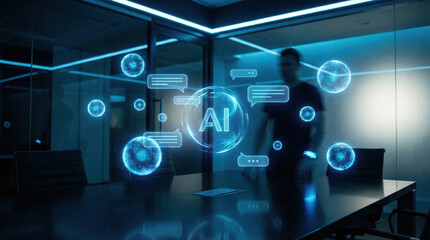 Artificial intelligence concept with glowing blue AI symbols and chat bubbles in modern office setting, creating futuristic and innovative atmosphere