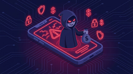 Hacker stealing money from smartphone with digital security icons and cybercrime concept in dark background, illustrating online banking fraud alert and data breach risk