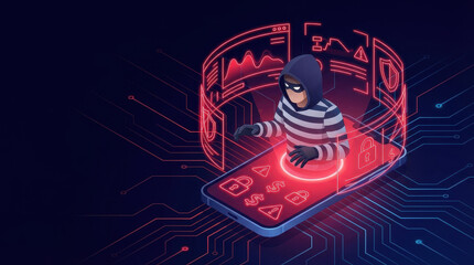Cybersecurity threat concept with hacker in mask and hood emerging from smartphone surrounded by digital security icons and data charts in dark background