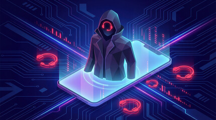 Hacker figure with headset emerging from smartphone, digital scam concept with neon circuit board and glowing headset icons, cybercrime and call center scam illustration