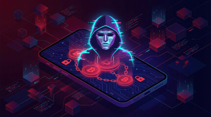 Hacker concept with digital hooded figure emerging from smartphone screen, cryptocurrency symbols, blockchain network, and cyber security threat illustration