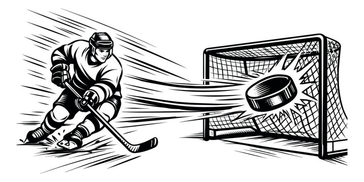 Dynamic line art illustration of an ice hockey player depicting shooting a puck into a goal for sports and competition