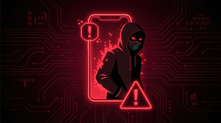Cybercrime Hacker Digital threat Smartphone Warning sign Dark background Cybersecurity alert Data breach Technology risk Internet danger Cyber attack Online fraud Masked figure Glowing red Circuit