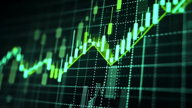 A green stock market graph shows an upward trend on a digital screen with a grid background.