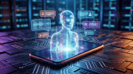 Holographic digital human projection emerging from smartphone with communication icons and data streams on circuit board background, futuristic technology concept