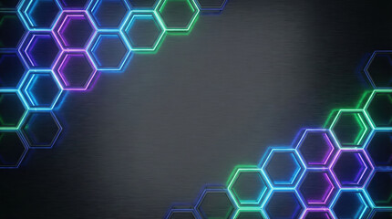 Neon hexagon pattern with blue, purple, and green glowing shapes on dark textured background, creating futuristic and dynamic technology wallpaper effect