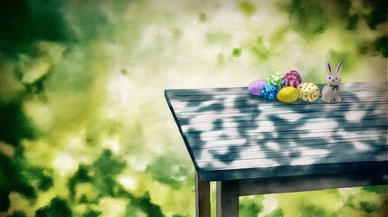 Festive springtime Easter scene watercolor illustration of a wooden table in a park setting