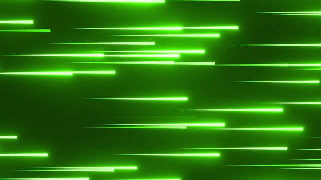 左から右に真っ直ぐ流れる緑の光の線の背景動画素材。スピード感のある4Kアニメーション。一面に広がって走る光線。ゲームや映像作品の演出に適した2DFX