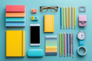 Colorful Office Supplies Flat Lay